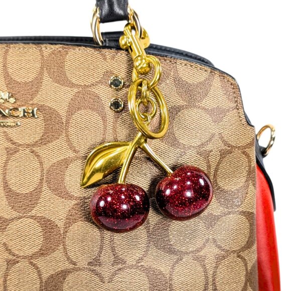 Accessories - Cherry Bag Charm Key Chain Glitter Red Cherries Gold Clip